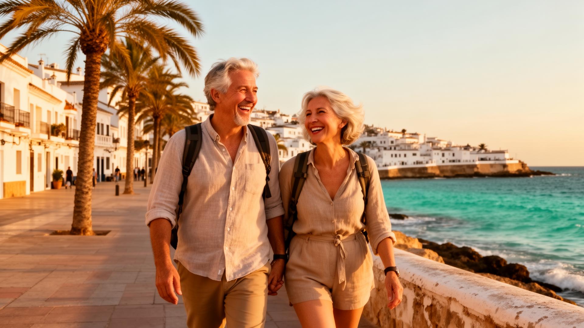 Zwei Reisepartner auf einer sonnigen Promenade in Spanien
